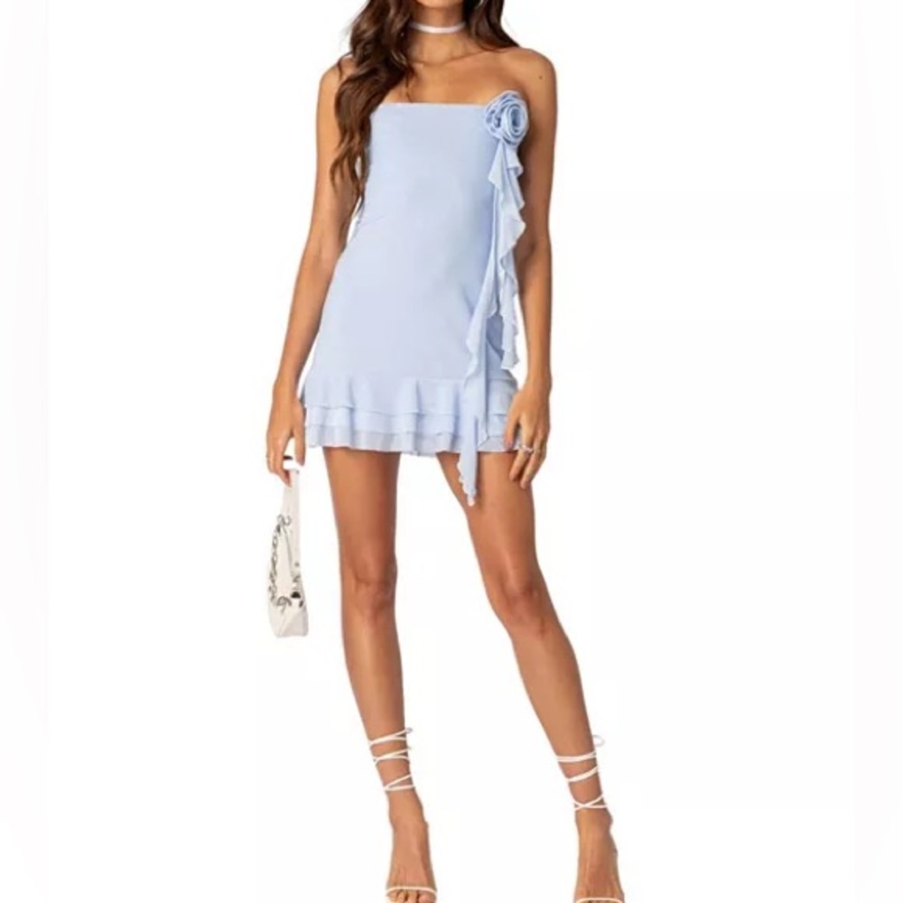 NWT Edikted Thalia Flower Pin Ruffle Mini Dress in Light Blue Small & Medium - Picture 1 of 8